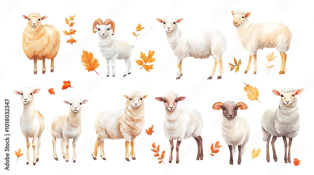 Naklejka premium Adorable Watercolor Sheep Surrounded by Colorful Autumn Leaves