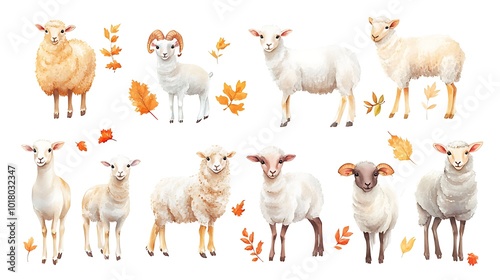 Adorable Watercolor Sheep Surrounded by Colorful Autumn Leaves