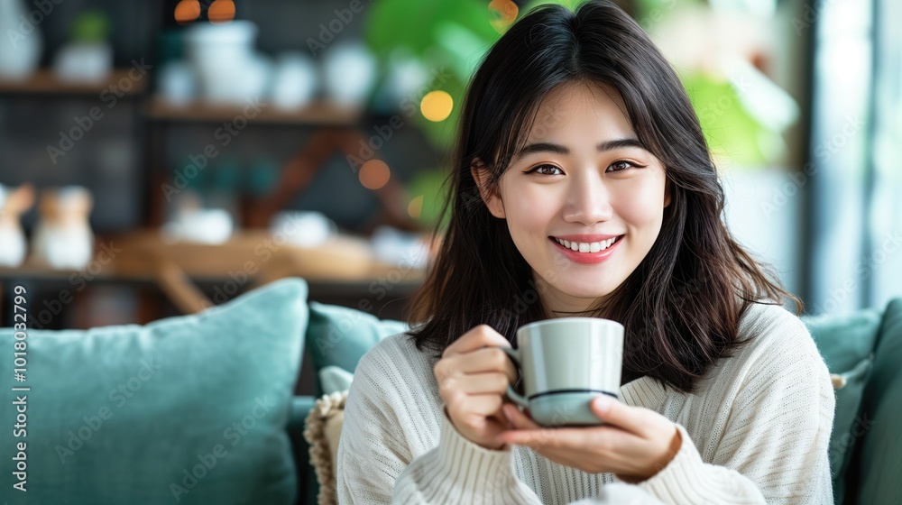 Young asian woman drinking coffee on sofa in living room at home Young asian woman drinking coffee on sofa in living room at home