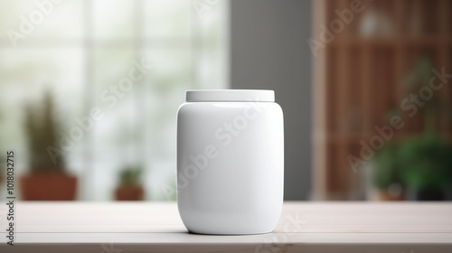 White plastic jar on wooden table in room