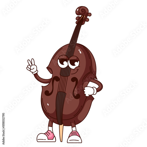 Groovy double bass cartoon character with V fingers. Funny retro string musical instrument with hippie gesture. Jazz music mascot, cartoon acoustic bass sticker of 70s 80s style vector illustration