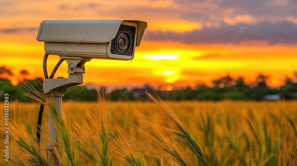 CCTV cameras installed in a precision farming field, overseeing automated irrigation and detecting potential threats. CCTV cameras installed in a precision farming field, overseeing automated irrigation and detecting potential threats.