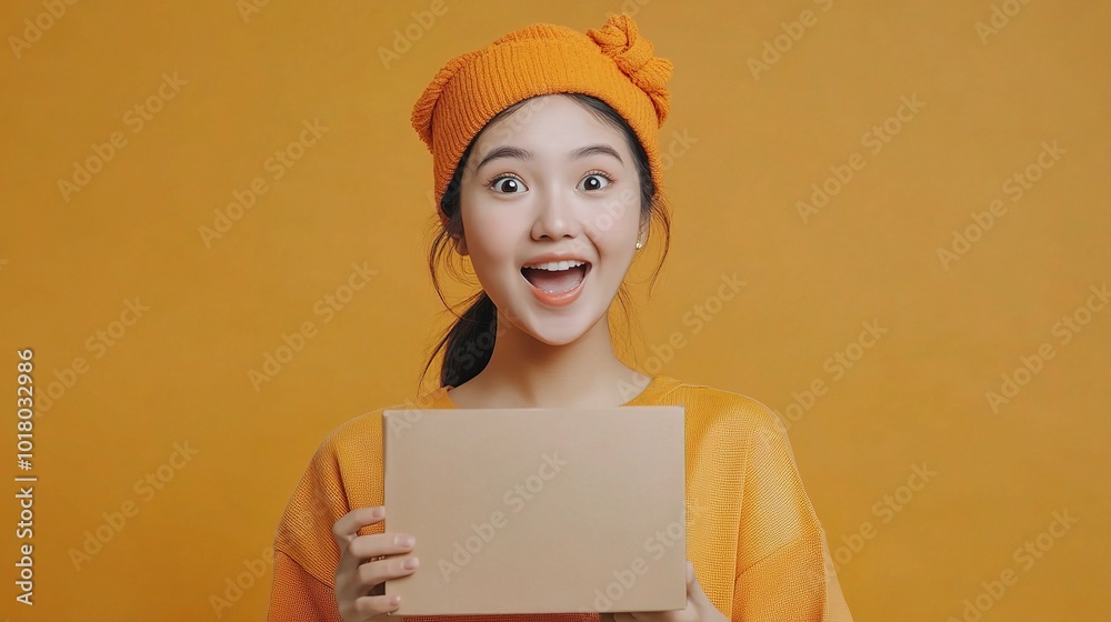 Excited Young Woman with Box Against Yellow Background Excited Young Woman with Box Against Yellow Background