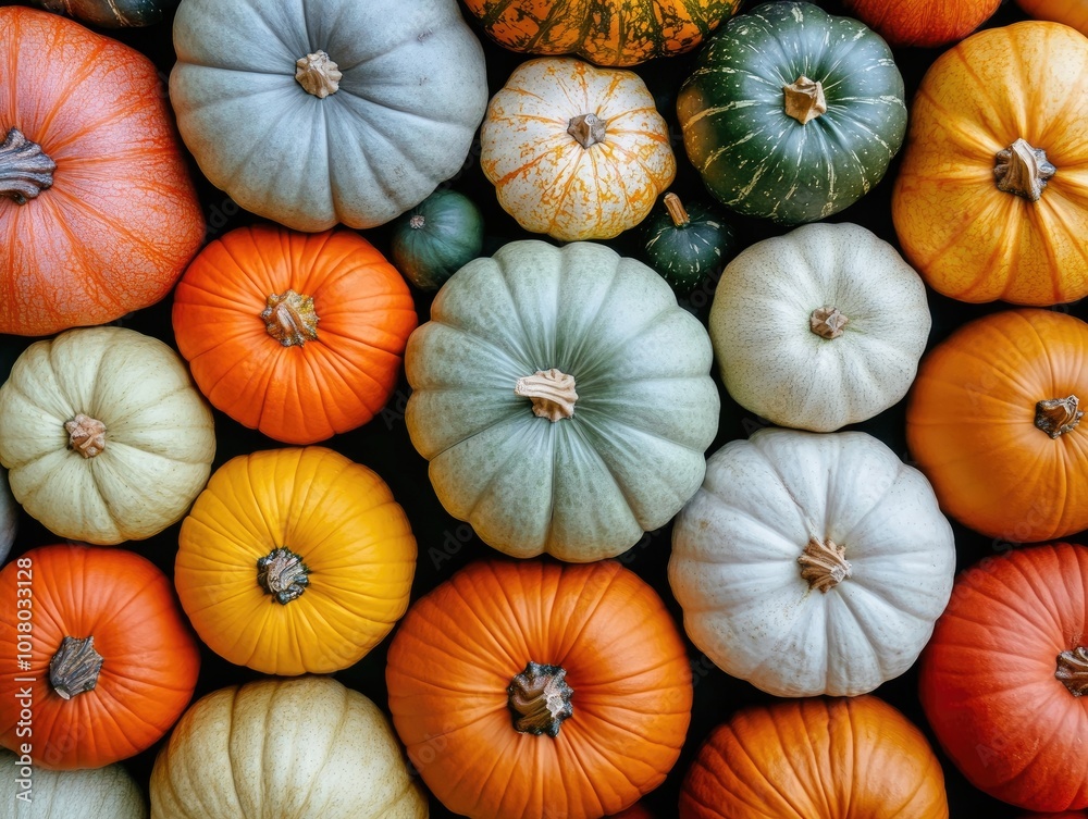 Pumpkin Variety in Autumn Agricultural Still Life with Assorted Colors and Sizes Flat Lay Top View Pumpkin Variety in Autumn Agricultural Still Life with Assorted Colors and Sizes Flat Lay Top View