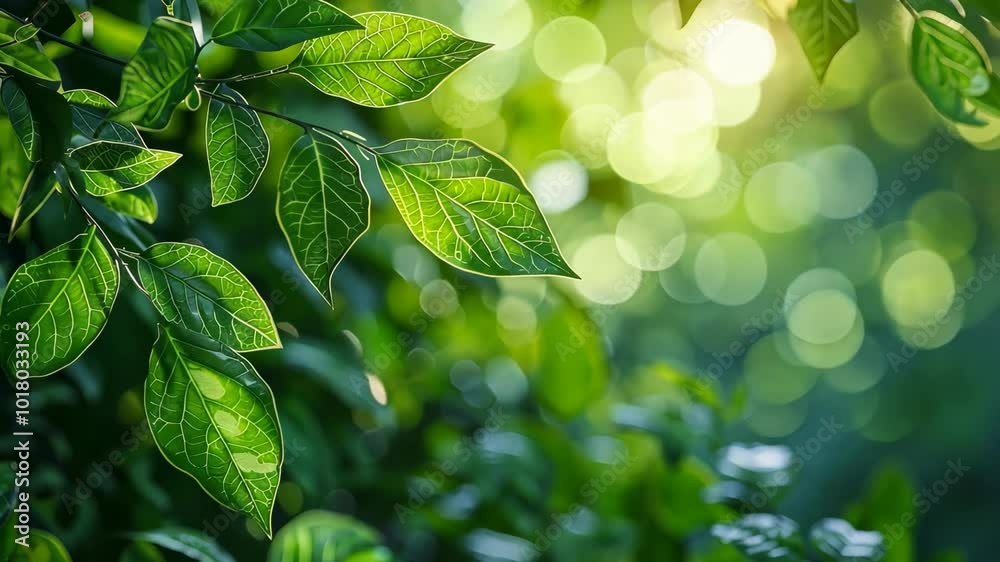 Green leaves shimmer in the sunlight, casting a soft glow on the forest floor Green leaves shimmer in the sunlight, casting a soft glow on the forest floor