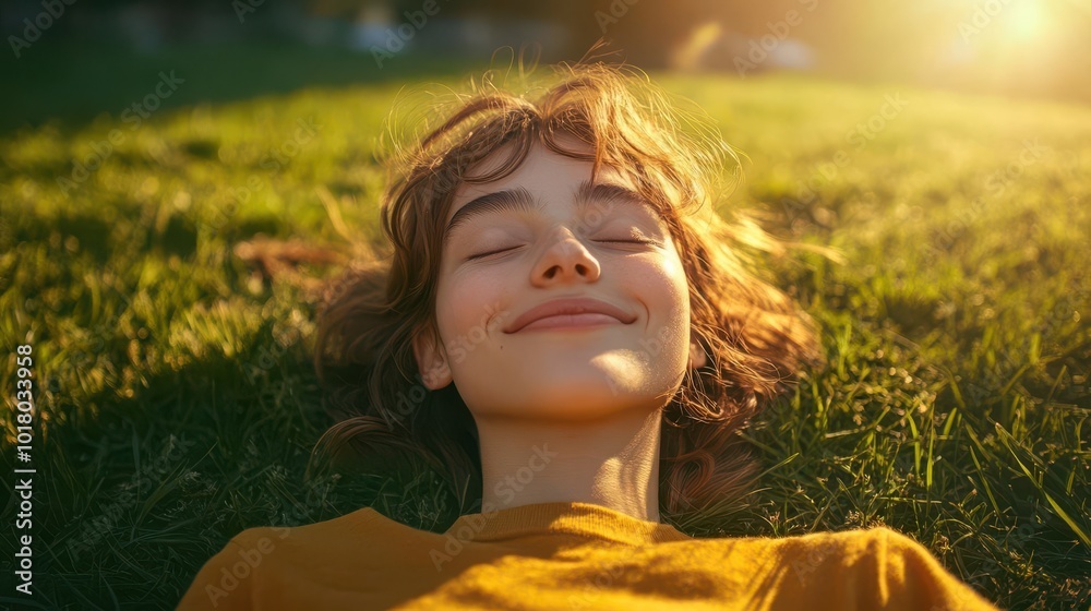 Obraz premium A young girl lying on grass, smiling peacefully, basking in the warm glow of sunlight during a serene outdoor moment.