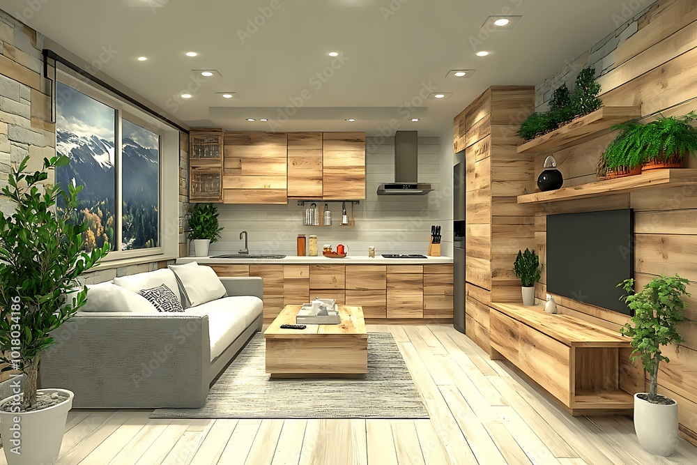 Modern wooden kitchen and living room design. Modern wooden kitchen and living room design.