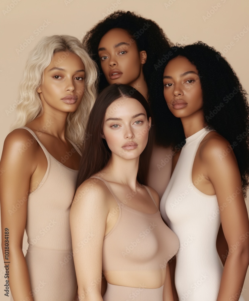 Fototapeta premium A group of natural women with different body types pose in bodysuits of neutral colors. They demonstrate affection, confidence and calmness. A symbol of unity and collective growth, global diversity