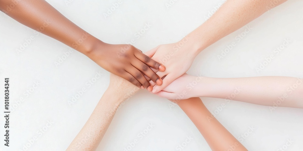 Hands of different skin tones reach for one goal. A diverse group of people holding hands in a circle, emphasizing unity and collective growth.Banner symbolizing global diversity and human connection. Hands of different skin tones reach for one goal. A diverse group of people holding hands in a circle, emphasizing unity and collective growth.Banner symbolizing global diversity and human connection.