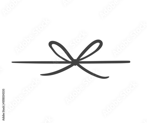 Bow ribbon knot on string line icon. Outline hand drawn vintage decoration of happy birthday, cute Christmas gift wrap. Present mascot, simple rope bow on surprise box icon vector illustration
