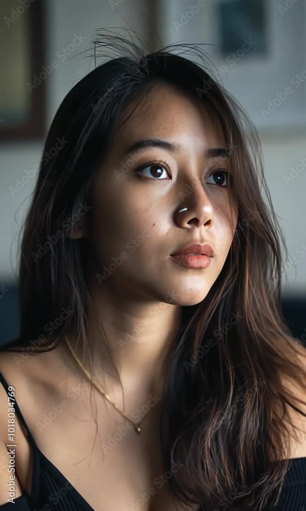 young woman with long hair and a serene expression, captured in natural light for an intimate and thoughtful atmosphere. Beauty and emotion expressed in a candid moment