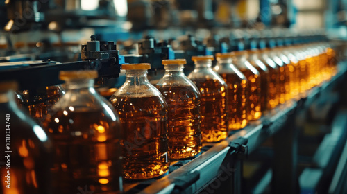 Bottles of liquid lined up on a conveyor belt in a factory, ready for packaging.