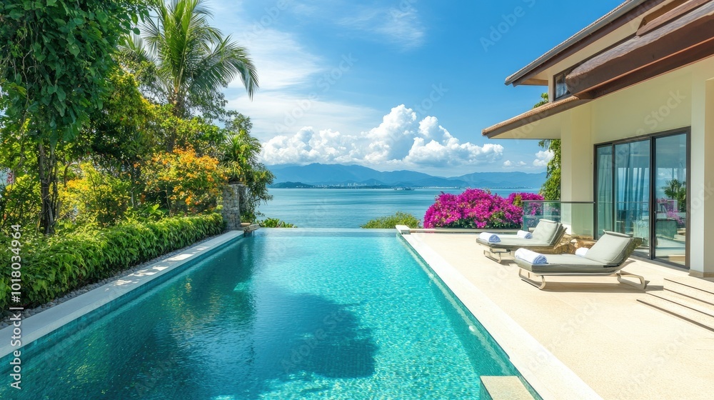 Beachfront villa with a serene pool and panoramic ocean view, no people. Room for text in the surroundings.