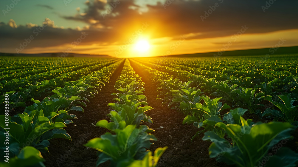 Lush green field at sunrise, showcasing agricultural growth. Lush green field at sunrise, showcasing agricultural growth.