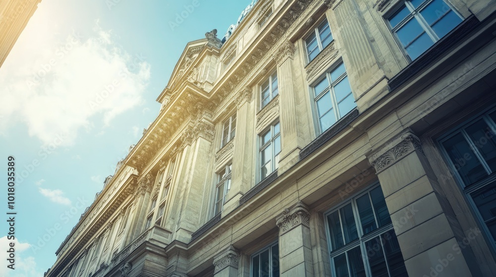 Beautiful European bank building with grand architecture, no people. Space for text in the foreground. Beautiful European bank building with grand architecture, no people. Space for text in the foreground.