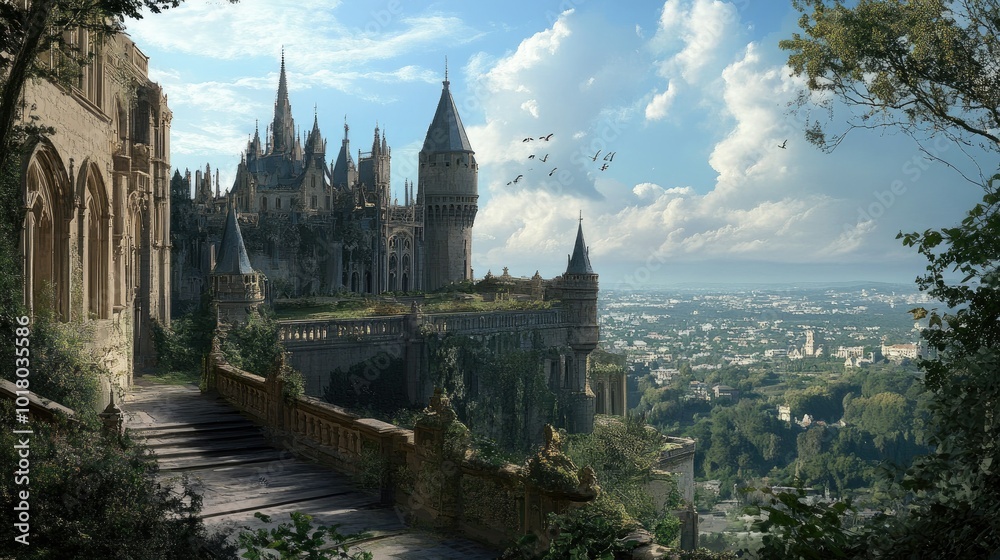 Beautiful European castle with intricate architecture, no people. Ample copy space in the foreground. Beautiful European castle with intricate architecture, no people. Ample copy space in the foreground.