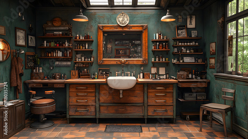 An Old-Fashioned Barber Shop with Traditional Tools and Customers