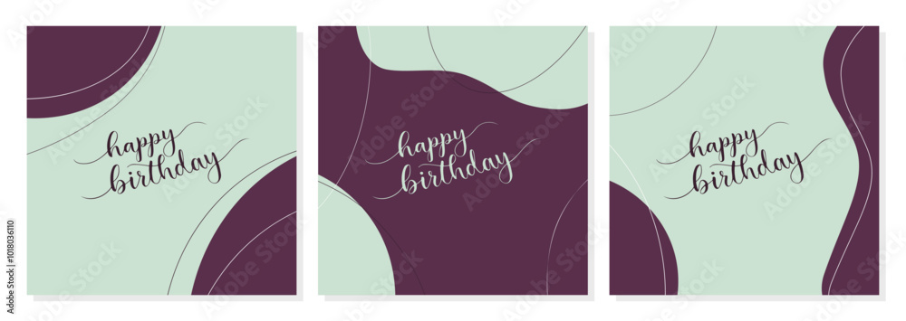 Set of Happy Birthday cards, mint and burgundy color posters, lettering with hand drawn letters. Abstraction in boho style. Set of Happy Birthday cards, mint and burgundy color posters, lettering with hand drawn letters. Abstraction in boho style.