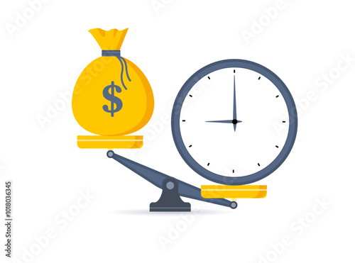 Time is money. Clock and dollar bag a balance scale. Financial concept .Time value of money asset growth over time depicts investment in long-term equity. Vector