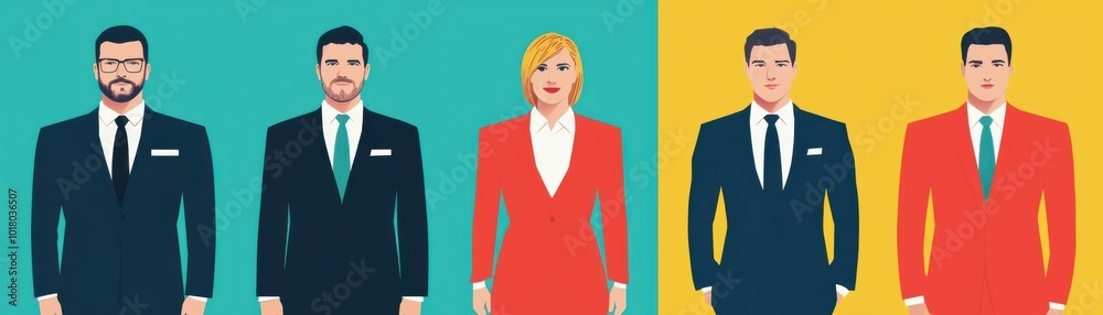A colorful illustration featuring four stylish individuals in suits and a dress, each with unique characteristics. A colorful illustration featuring four stylish individuals in suits and a dress, each with unique characteristics.