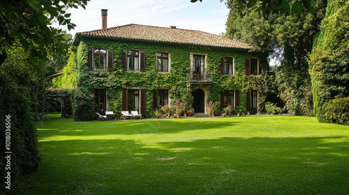 Beautiful European mansion with lush greenery, no people. Room for copy in the garden.