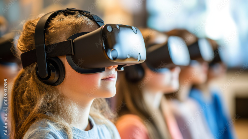 Immersed in virtual reality, group of children experiences technology through VR headsets, showcasing excitement and engagement of modern learning Immersed in virtual reality, group of children experiences technology through VR headsets, showcasing excitement and engagement of modern learning