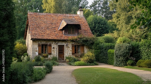 Charming European cottage surrounded by nature, no people. Plenty of room for text in the garden