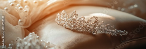 Elegant tiara on luxurious silk pillow, symbolizing love and commitment, awaits the moment of a beautiful wedding ceremony photo