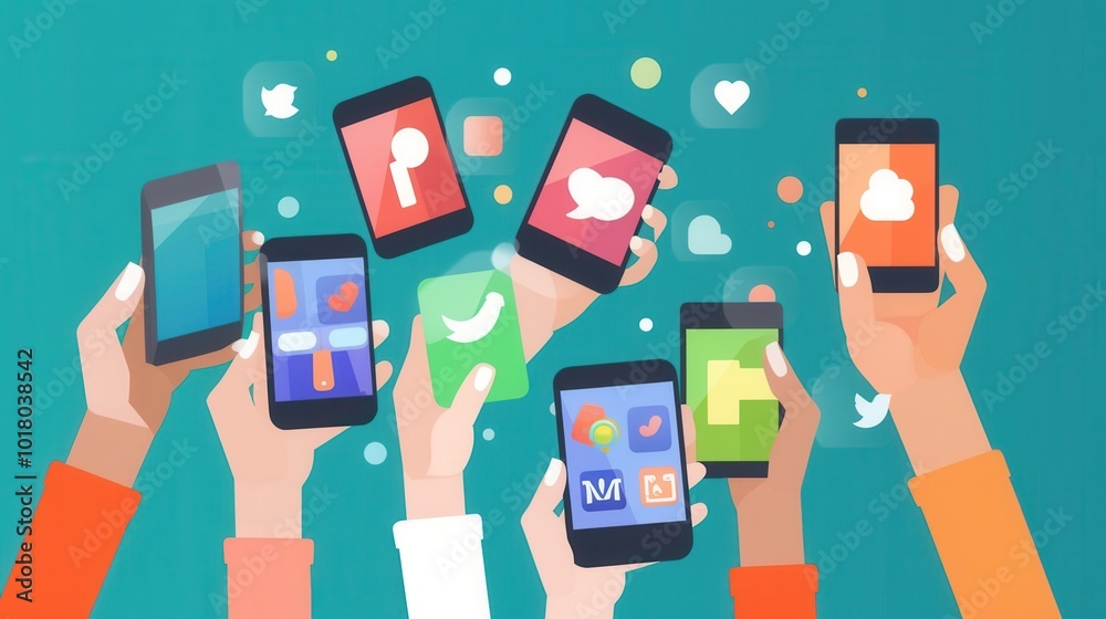 © Анатолий Сав - A group of hands showcases several smartphones, each open to different social media applications in a colorful setting. Generative AI