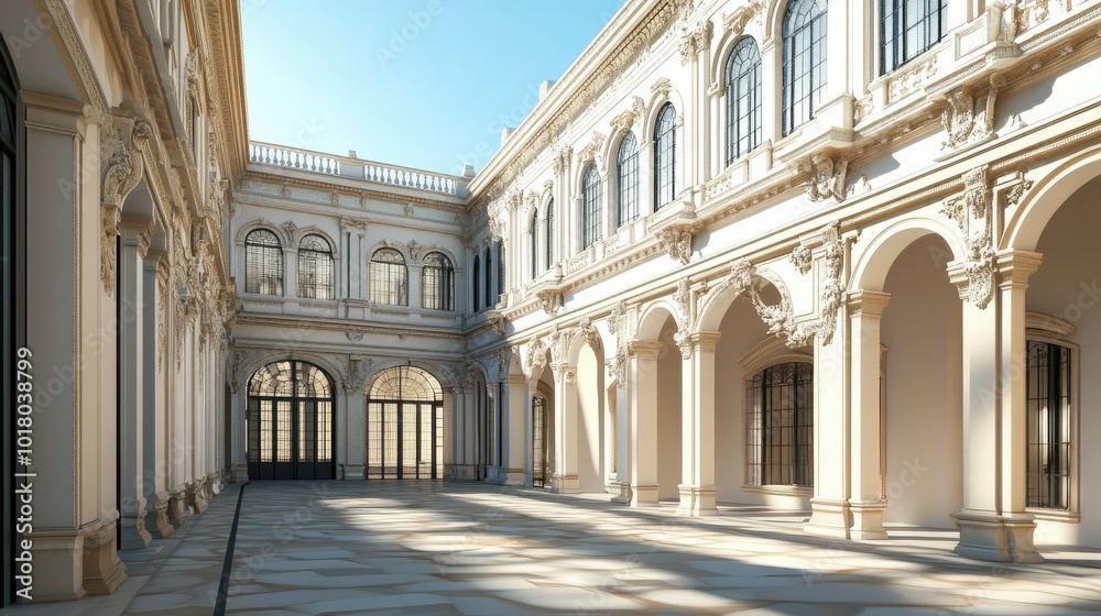 Naklejka premium Classic European museum building with ornate details, no people. Open space for text in the surroundings.