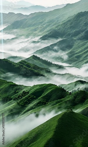 Lush green mountains shrouded in mist, breathtaking aerial view capturing serene natural beauty for landscape and travel photography. Tranquility, nature, and outdoor adventure in a breathtaking envir photo