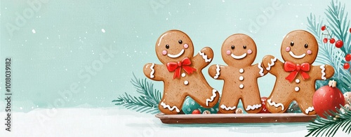 Three cheerful gingerbread cookies with bows stand on a snowy surface, surrounded by festive greenery and ornaments, creating a joyful holiday scene.