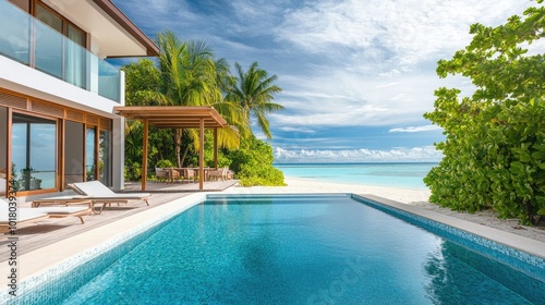 Contemporary beach villa with a large pool and beachfront location, no people. Space for copy on the patio