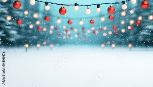 Christmas background with snow covered fir trees, string lights with red and white ornaments and falling snow. Festive winter holiday backdrop.