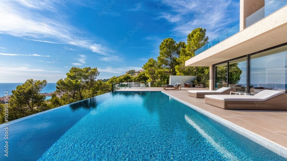 Contemporary beach villa with a large swimming pool overlooking the sea, no people. Copy space available. Contemporary beach villa with a large swimming pool overlooking the sea, no people. Copy space available.
