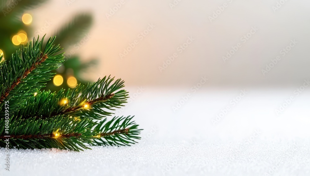 Christmas tree branch with lights on snow with copy space. Christmas background. Christmas tree branch with lights on snow with copy space. Christmas background.