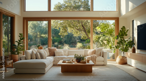 A bright and airy living room features large sectional sofa adorned with cushions, wooden coffee table, and lush indoor plants. expansive windows offer stunning view of greenery outside, creating sere photo