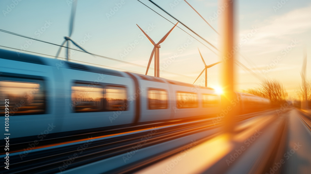 Fototapeta premium A high speed train travels past wind turbines at sunset, showcasing blend of modern transportation and renewable energy. scene captures essence of sustainable travel