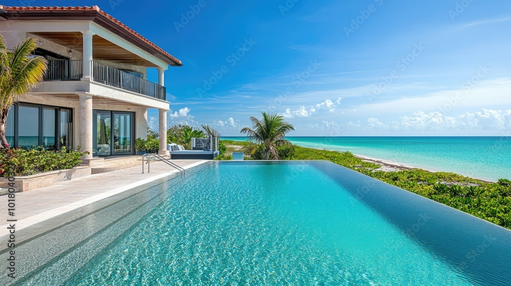 Fototapeta premium Elegant beachside villa with a crystal-clear pool and ocean backdrop, no people. Ample space for text.