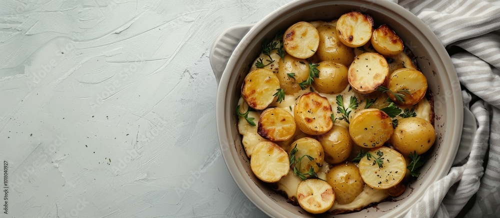 Roasted Potatoes in Cream on Ceramic Tray on Grey Counter Roasted Potatoes in Cream on Ceramic Tray on Grey Counter