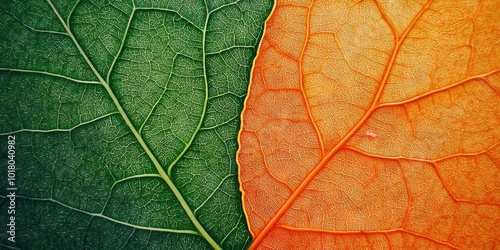 leaf veins, centrally divided into two equal halves, half green and half orange photo