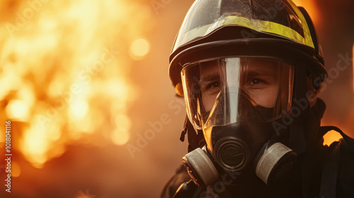 Firefighter in gas mask, bravely breathing amidst roaring flames.