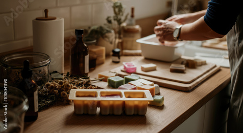 Person making homemade soap bars in cozy kitchen