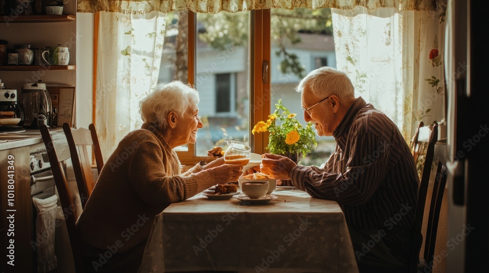 A senior couple enjoying a cozy breakfast at home seated at a sunlit kitchen table with warm smiles and a sense of contentment as they savor their retirement together A senior couple enjoying a cozy breakfast at home seated at a sunlit kitchen table with warm smiles and a sense of contentment as they savor their retirement together