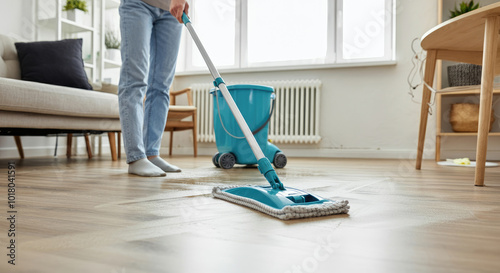 Person mopping wooden floor in bright, clean room