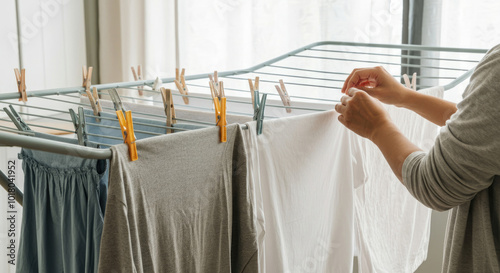 Person hanging clothes to dry indoors on drying rack photo