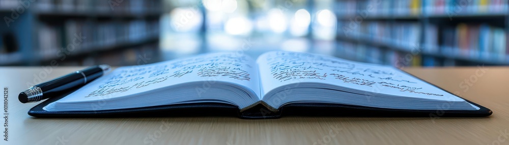 An open book with handwritten notes on a table, accompanied by a pen, in a library setting. Ideal for learning and education themes. An open book with handwritten notes on a table, accompanied by a pen, in a library setting. Ideal for learning and education themes.