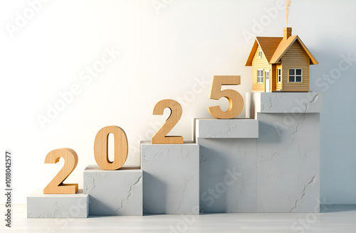 Wooden numbers 2025 on the stairs and a private new house on a light background with copy space. Direction of development of the real estate market and private sector in 2025, purchase of a new home photo