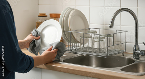 Wallpaper Mural Person drying dishes near sink using towel Torontodigital.ca