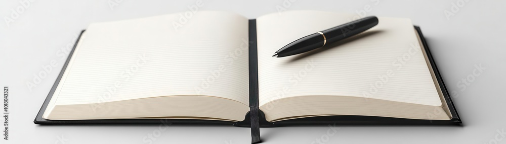 An open notebook with a black pen resting on its pages, perfect for writing ideas, notes, or sketches in a minimalist style. An open notebook with a black pen resting on its pages, perfect for writing ideas, notes, or sketches in a minimalist style.